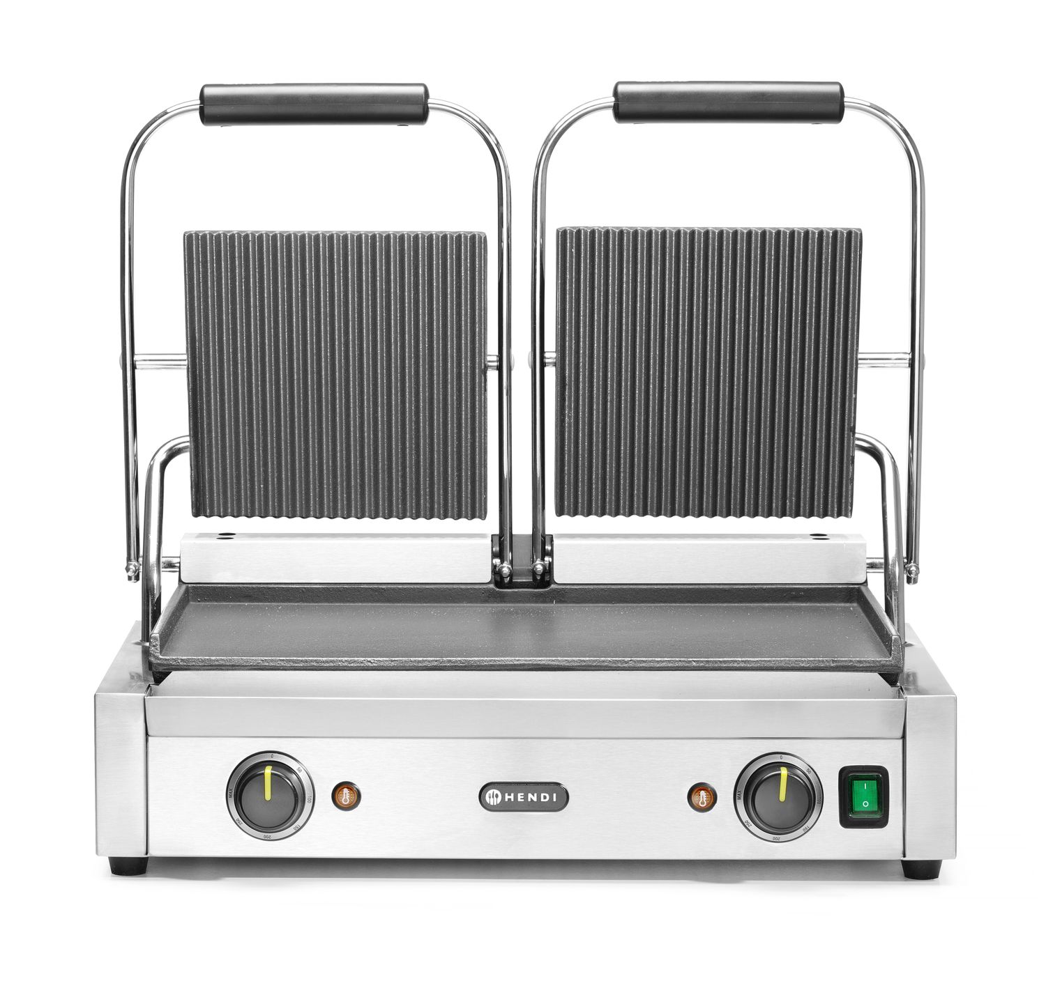 Dvojitý kontaktný gril, HENDI, drážkovaný vrch a hladké dno, 230V/3600W, 570x375x(H)216mm H 263808
