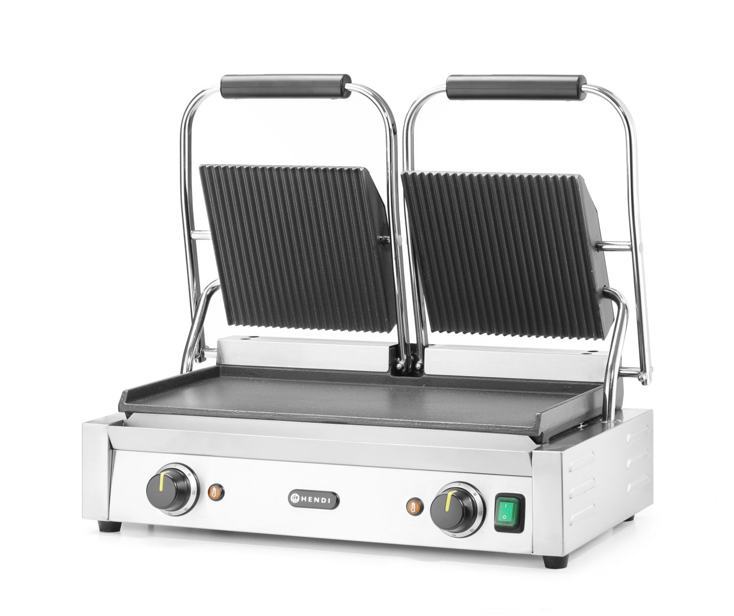 Dvojitý kontaktný gril, HENDI, drážkovaný vrch a hladké dno, 230V/3600W, 570x375x(H)216mm H 263808