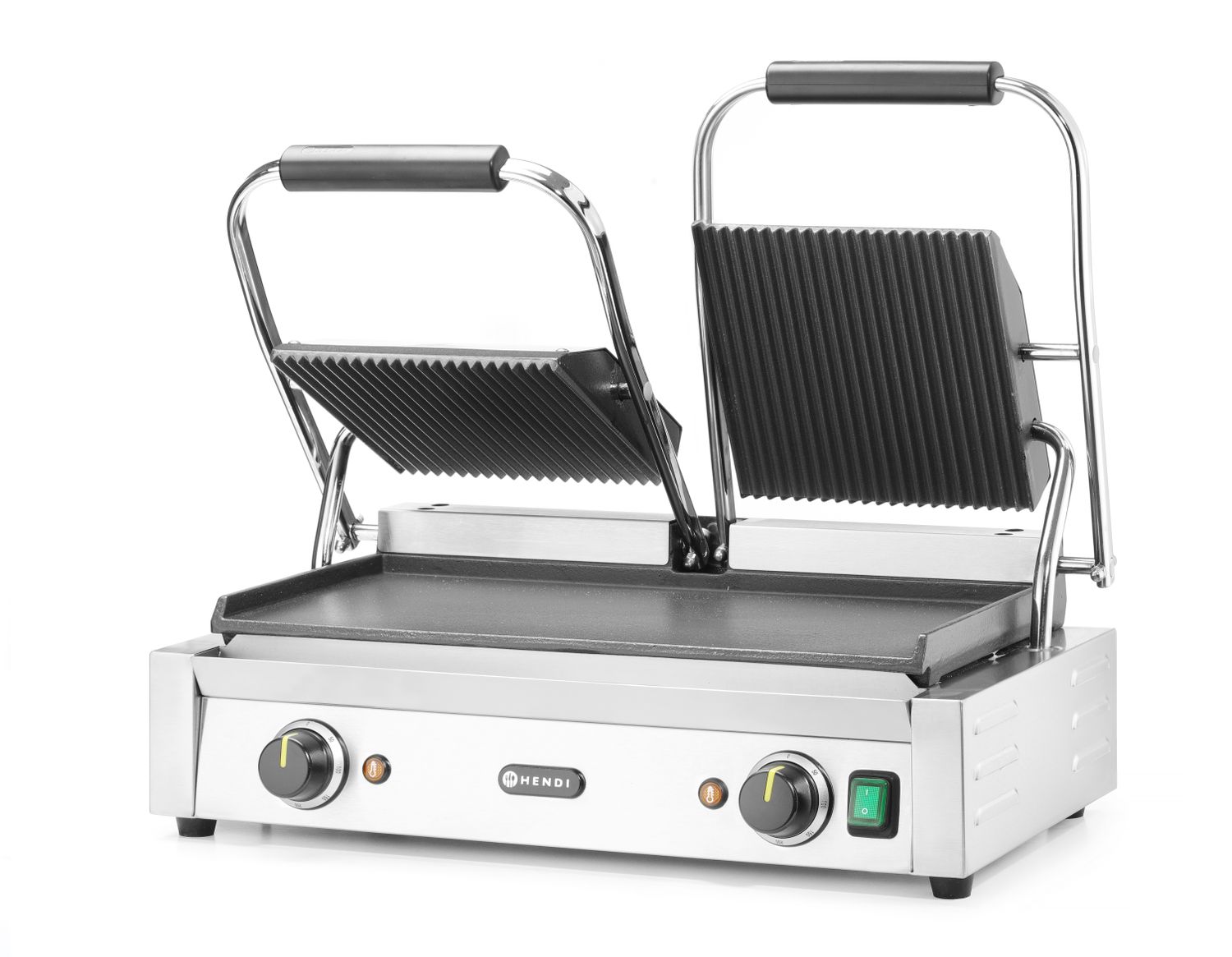 Dvojitý kontaktný gril, HENDI, drážkovaný vrch a hladké dno, 230V/3600W, 570x375x(H)216mm H 263808