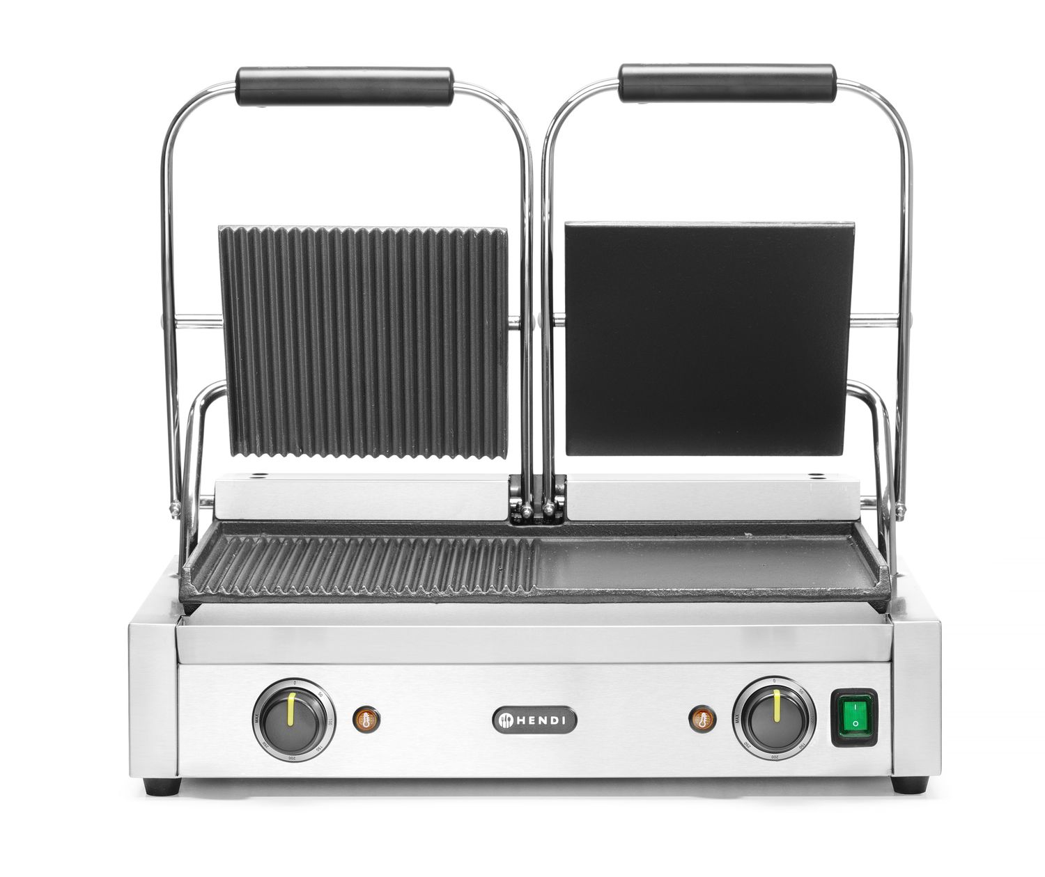 Dvojitý kontaktný gril, HENDI, napoly hladký, napoly drážkovaný, 230V/3600W, 570x375x(H)216mm H 263907