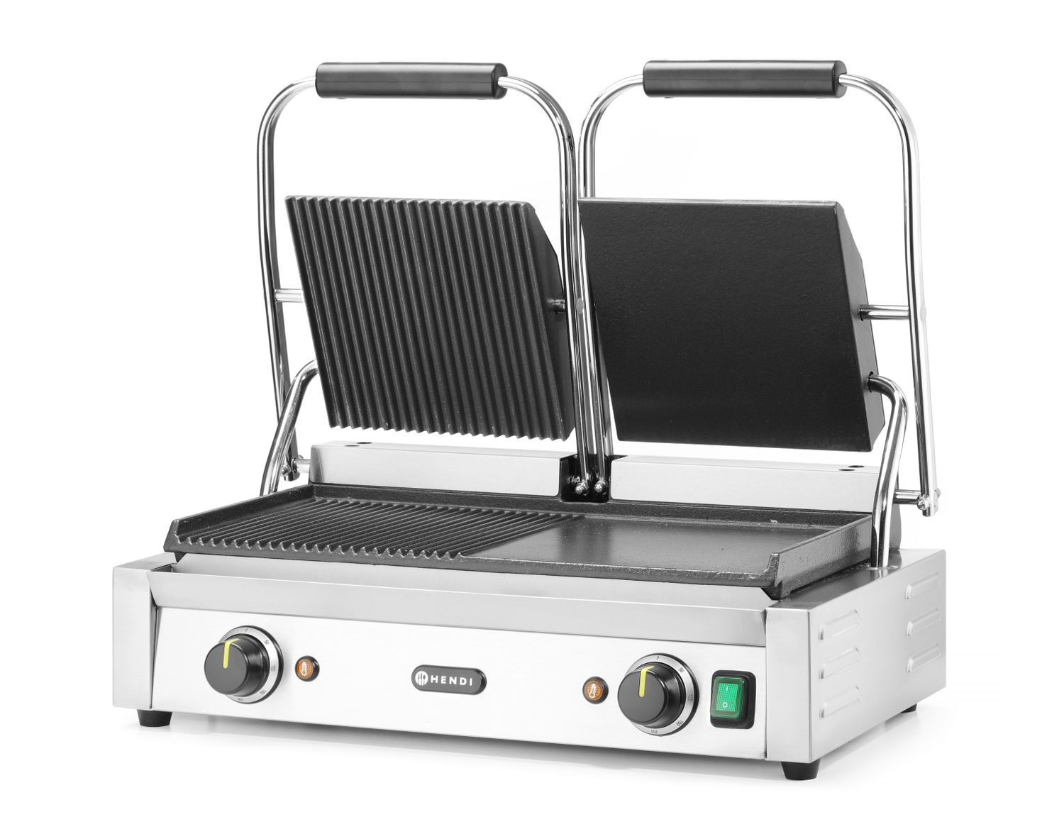 Dvojitý kontaktný gril, HENDI, napoly hladký, napoly drážkovaný, 230V/3600W, 570x375x(H)216mm H 263907
