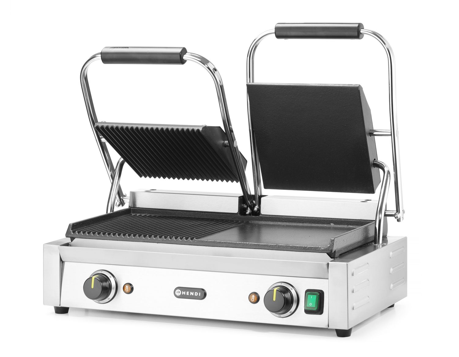 Dvojitý kontaktný gril, HENDI, napoly hladký, napoly drážkovaný, 230V/3600W, 570x375x(H)216mm H 263907