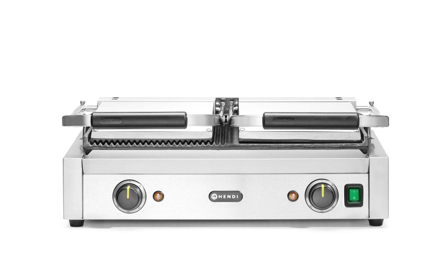 Dvojitý kontaktný gril, HENDI, napoly hladký, napoly drážkovaný, 230V/3600W, 570x375x(H)216mm H 263907