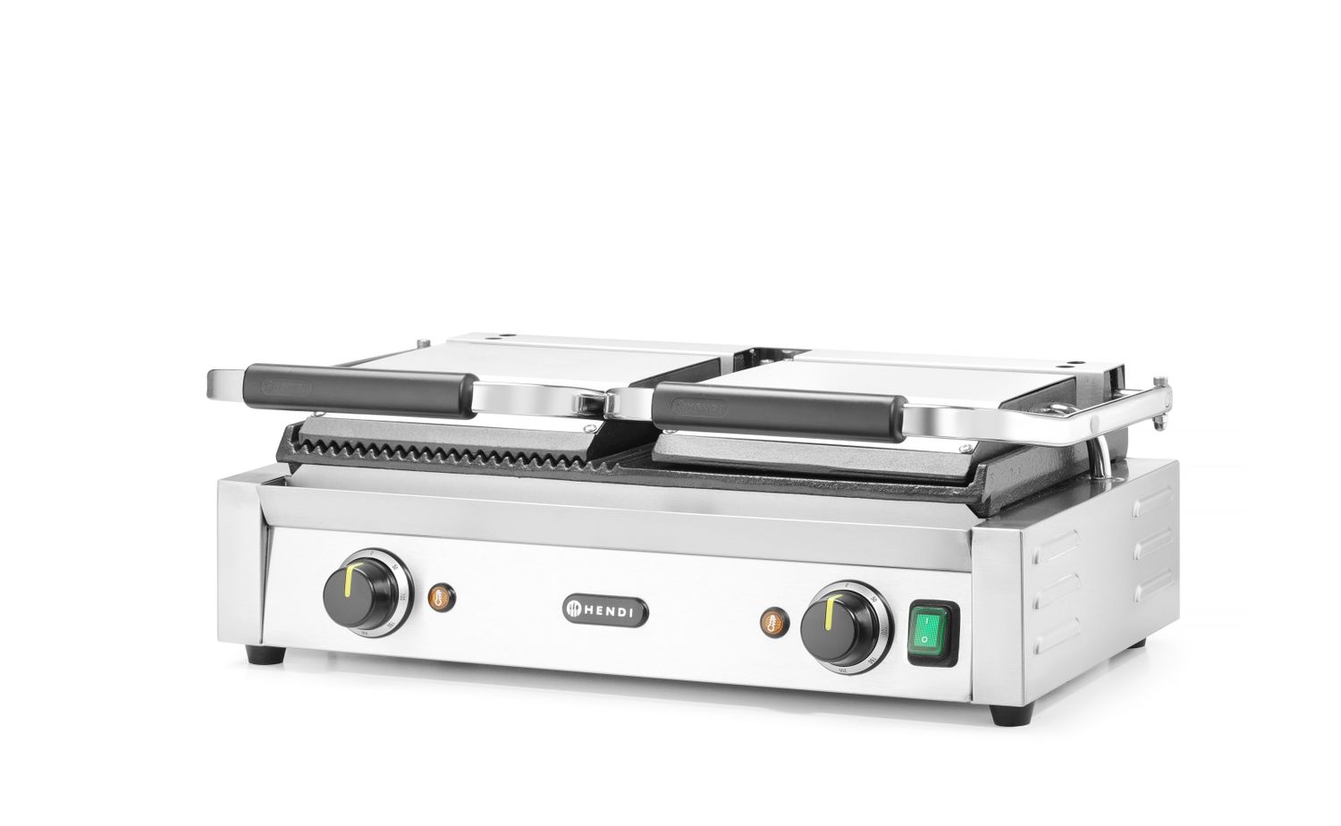 Dvojitý kontaktný gril, HENDI, napoly hladký, napoly drážkovaný, 230V/3600W, 570x375x(H)216mm H 263907